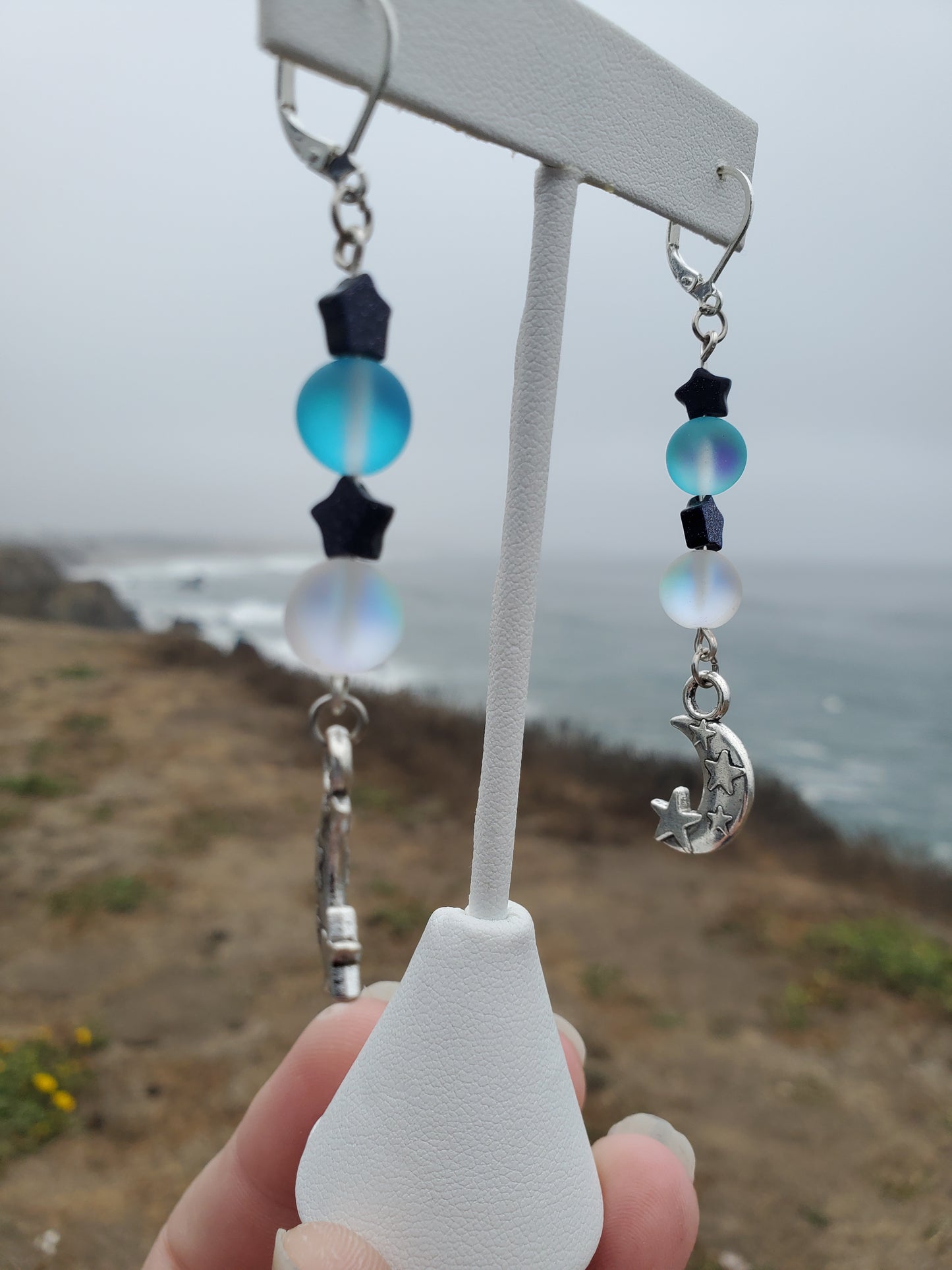 Clear & Blue Iridescent Bead Moon Earrings