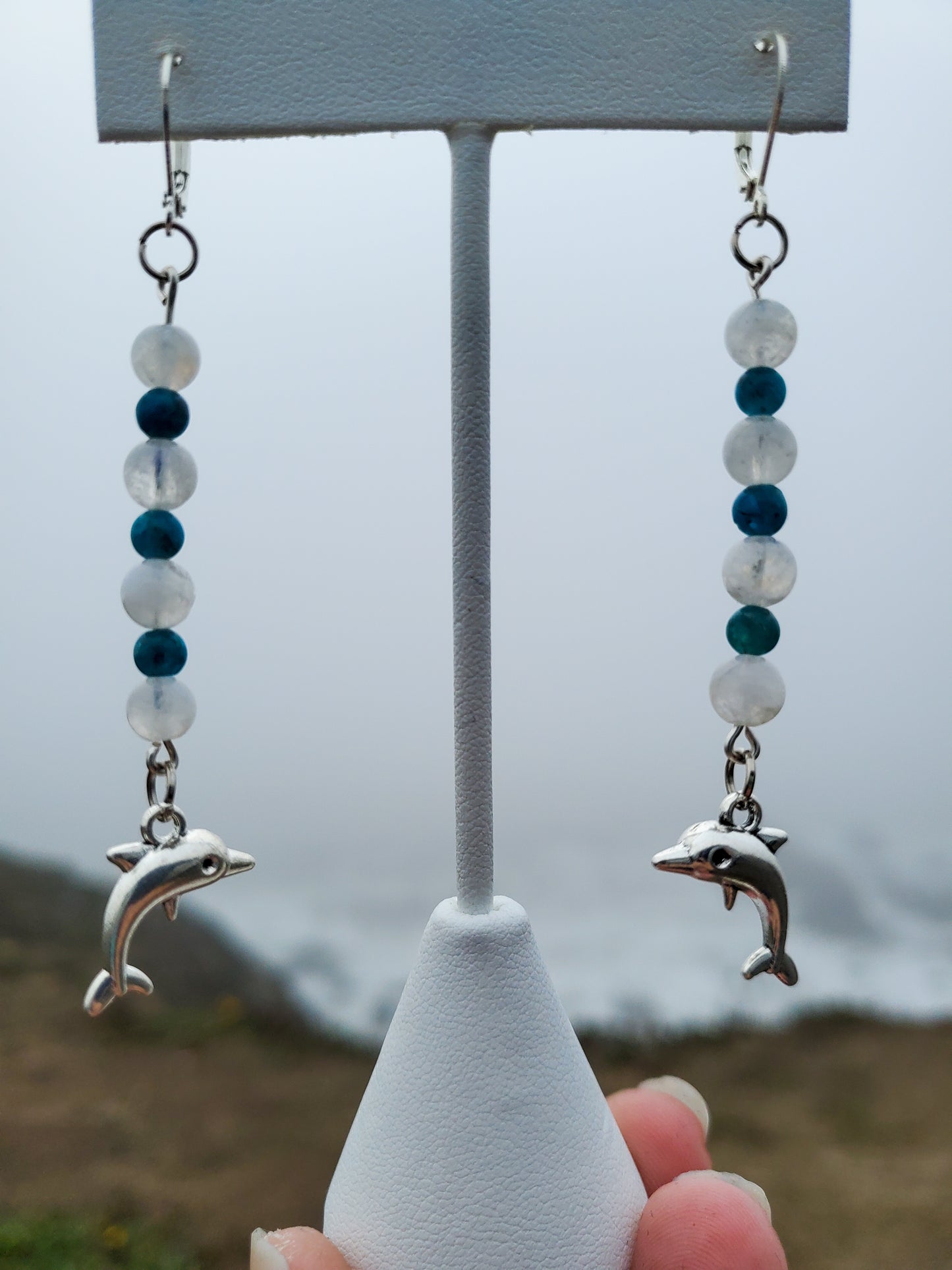 Blue Apatite and Moonstone Dolphin Earrings