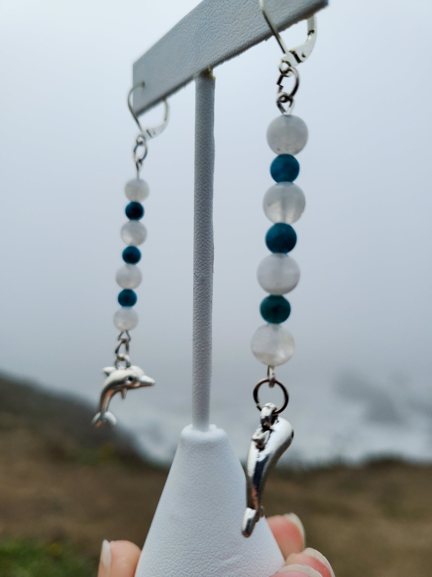 Blue Apatite and Moonstone Dolphin Earrings