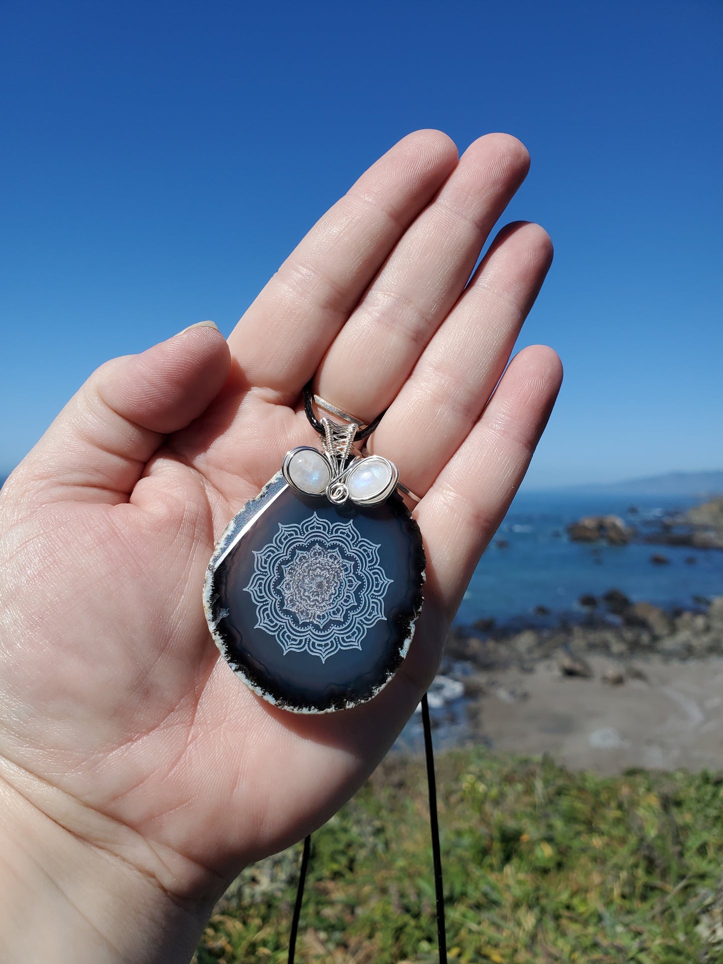 Mandala Etched Agate Slice Pendant
