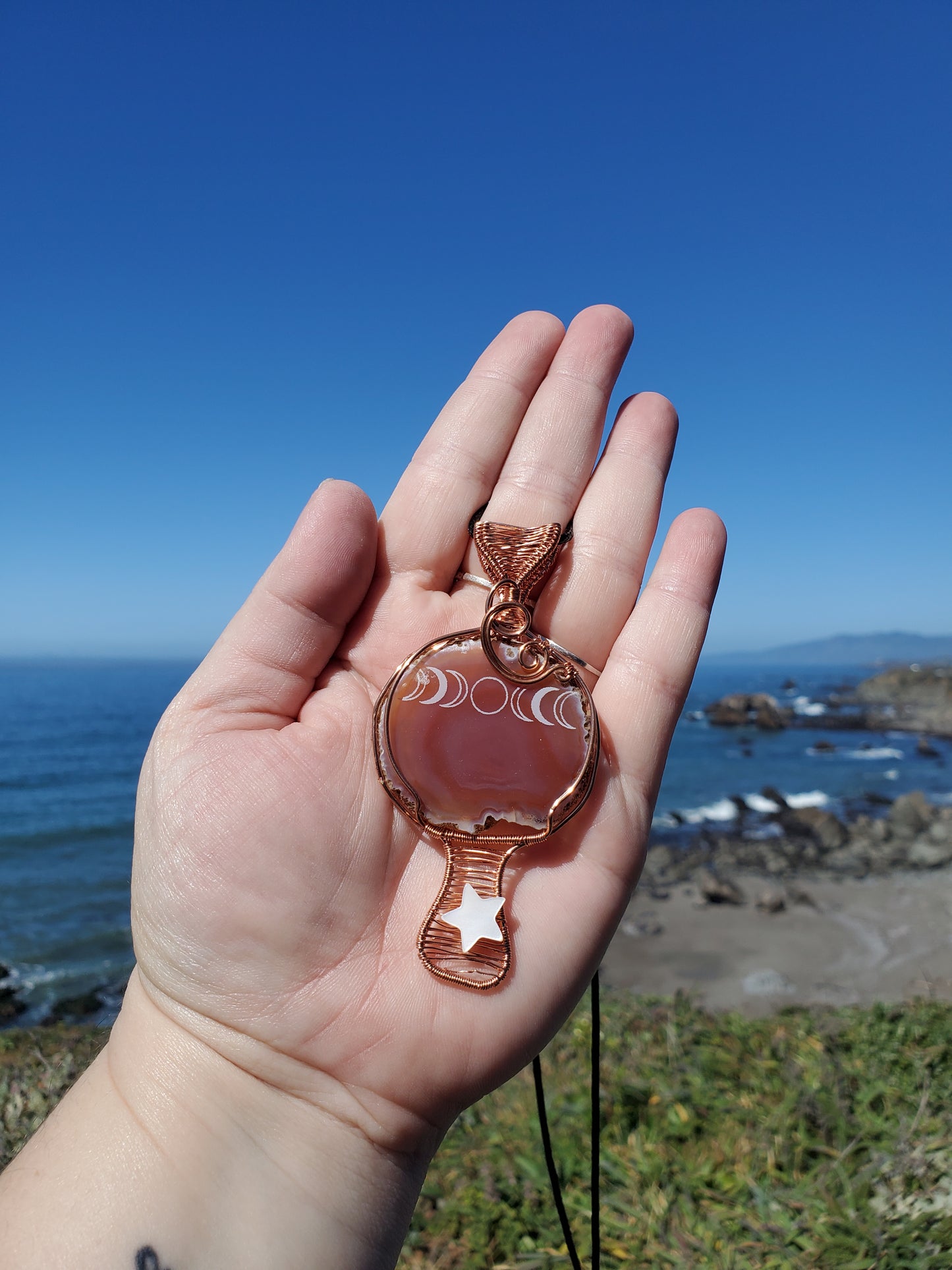 Moon Phase Etched Agate Mushroom Pendant