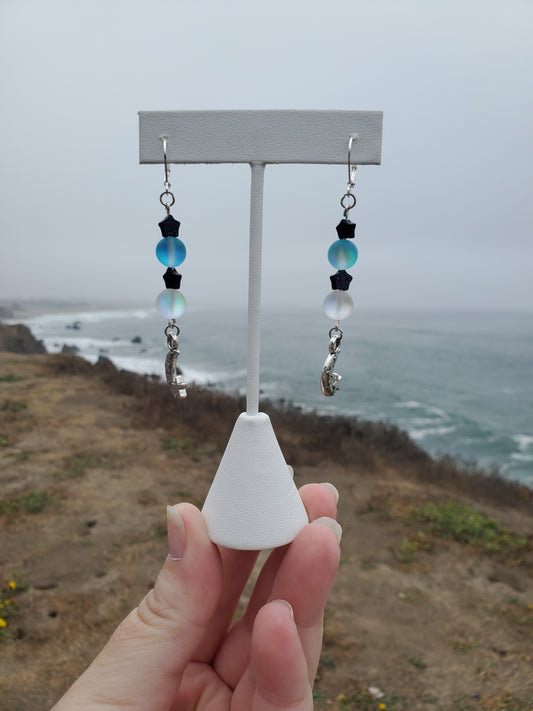 Clear & Blue Iridescent Bead Moon Earrings