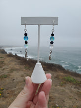 Load image into Gallery viewer, Clear &amp; Blue Iridescent Bead Moon Earrings
