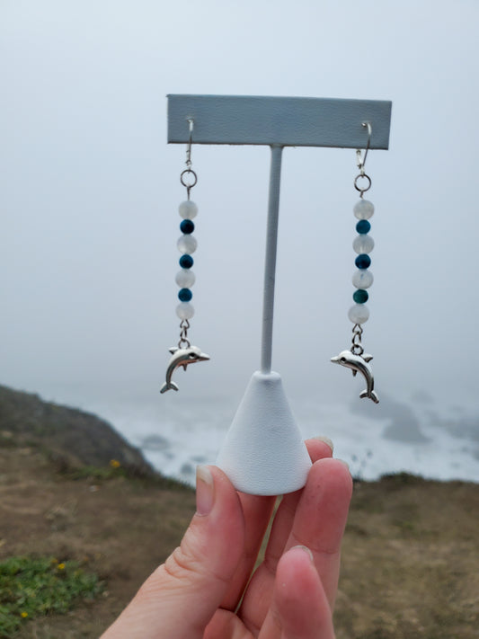 Blue Apatite and Moonstone Dolphin Earrings