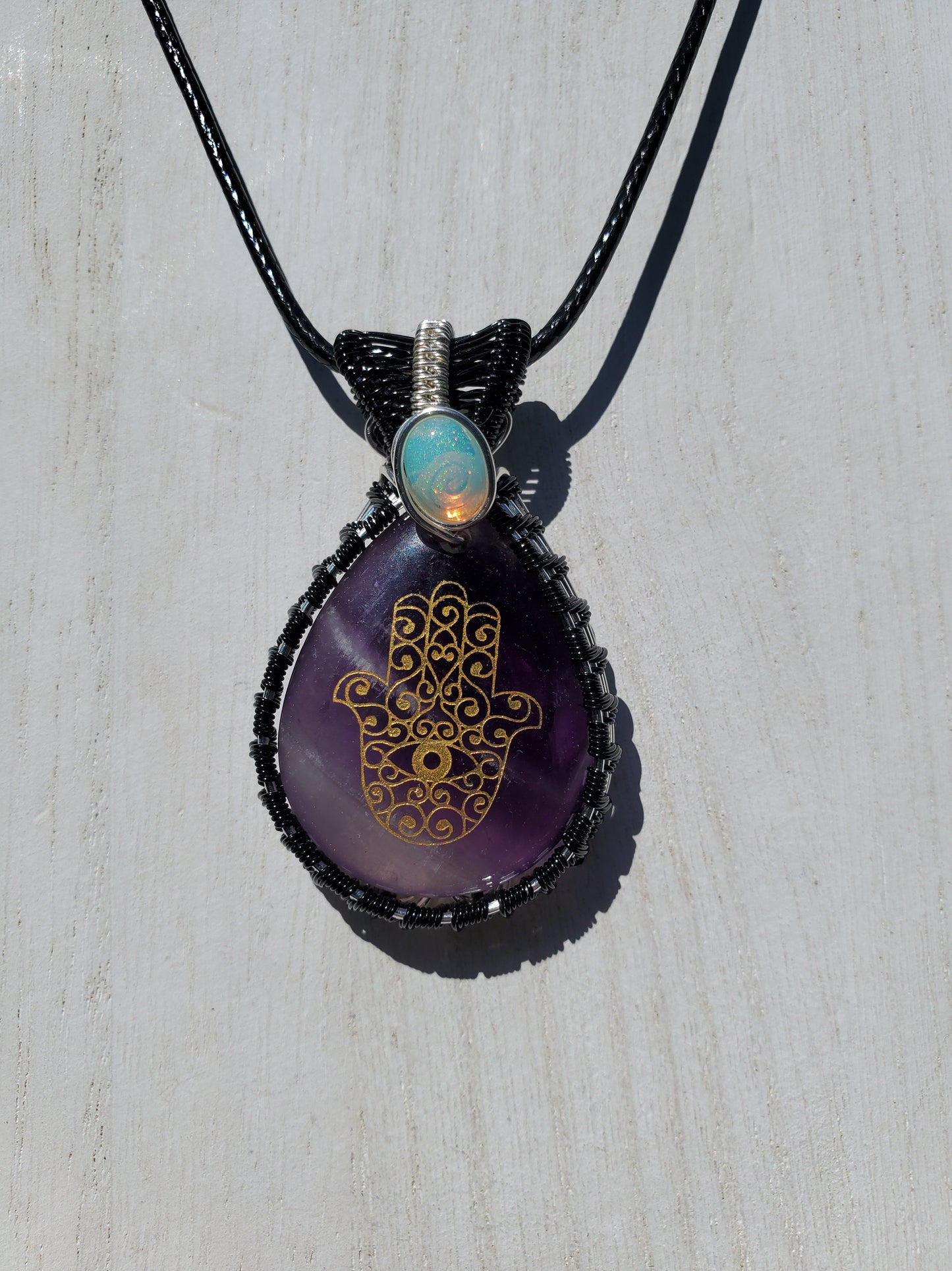 Hamsa Etched Amethyst Pendant