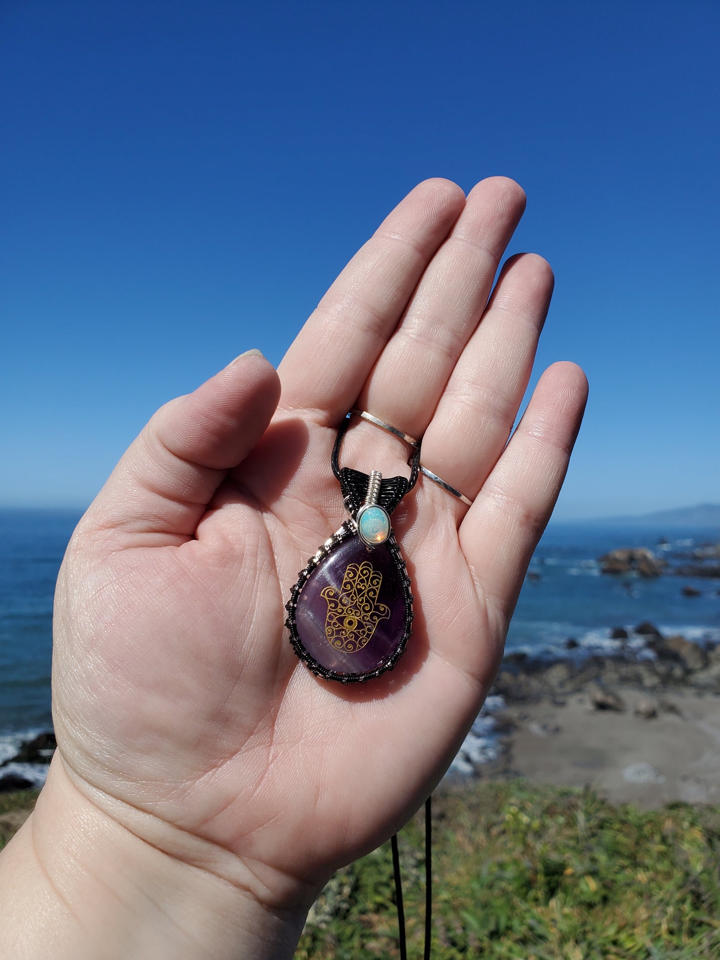 Hamsa Etched Amethyst Pendant