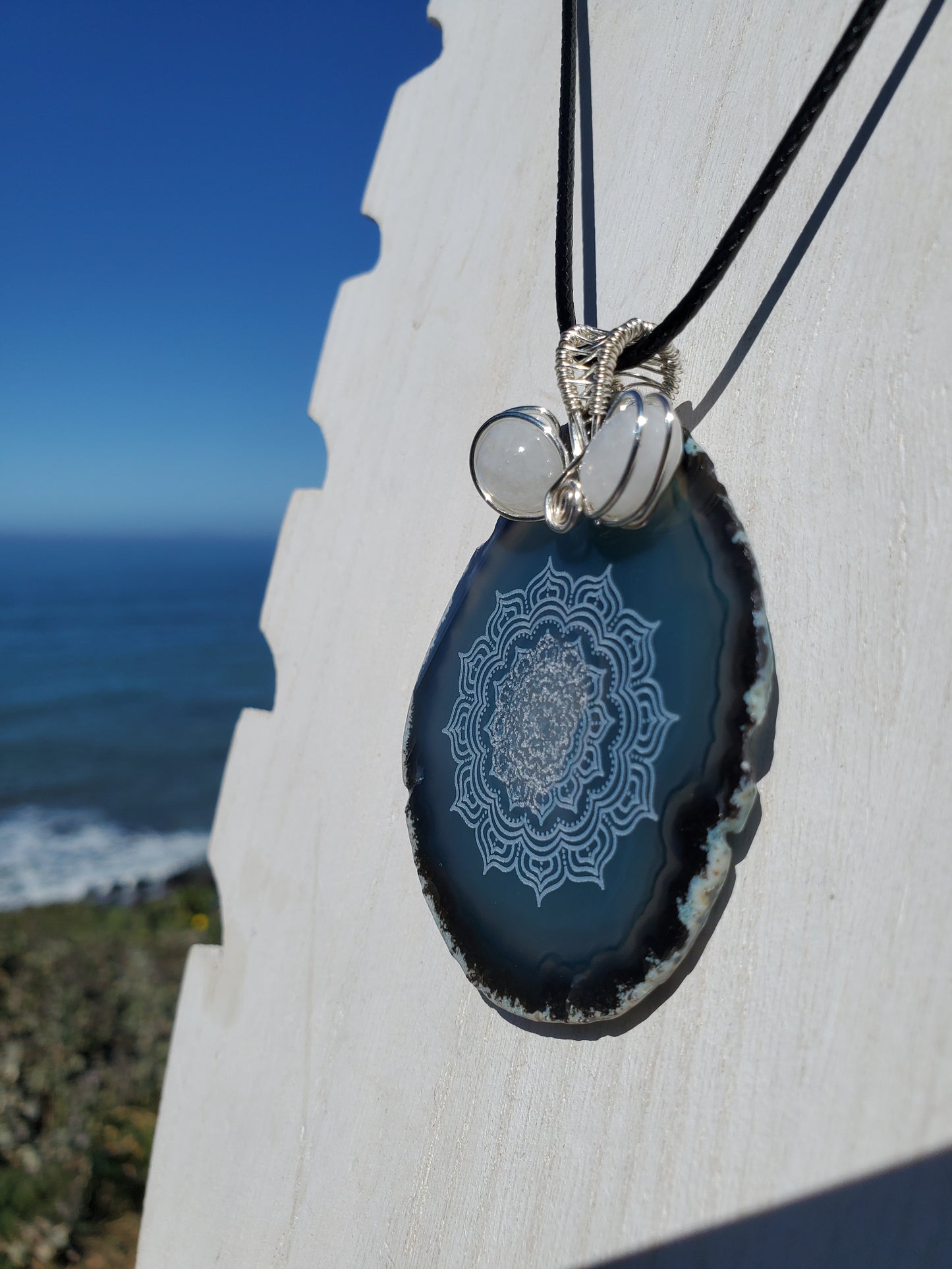 Mandala Etched Agate Slice Pendant