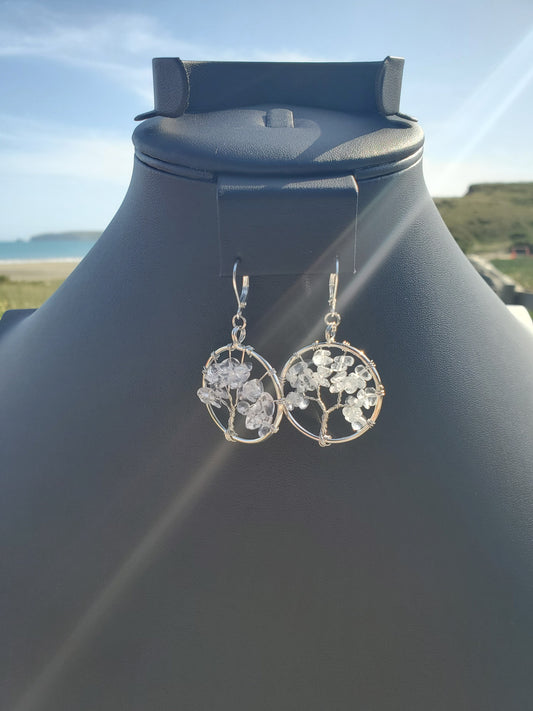 Silver Clear Quartz Tree Earrings