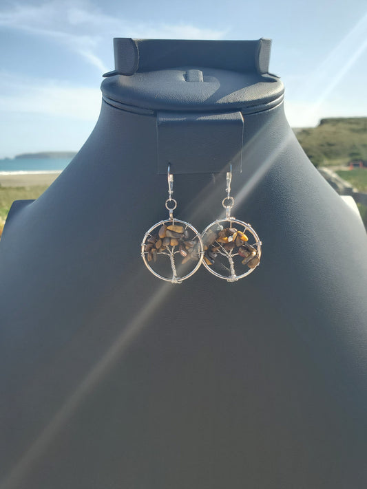 Silver Tiger Eye Tree Earrings