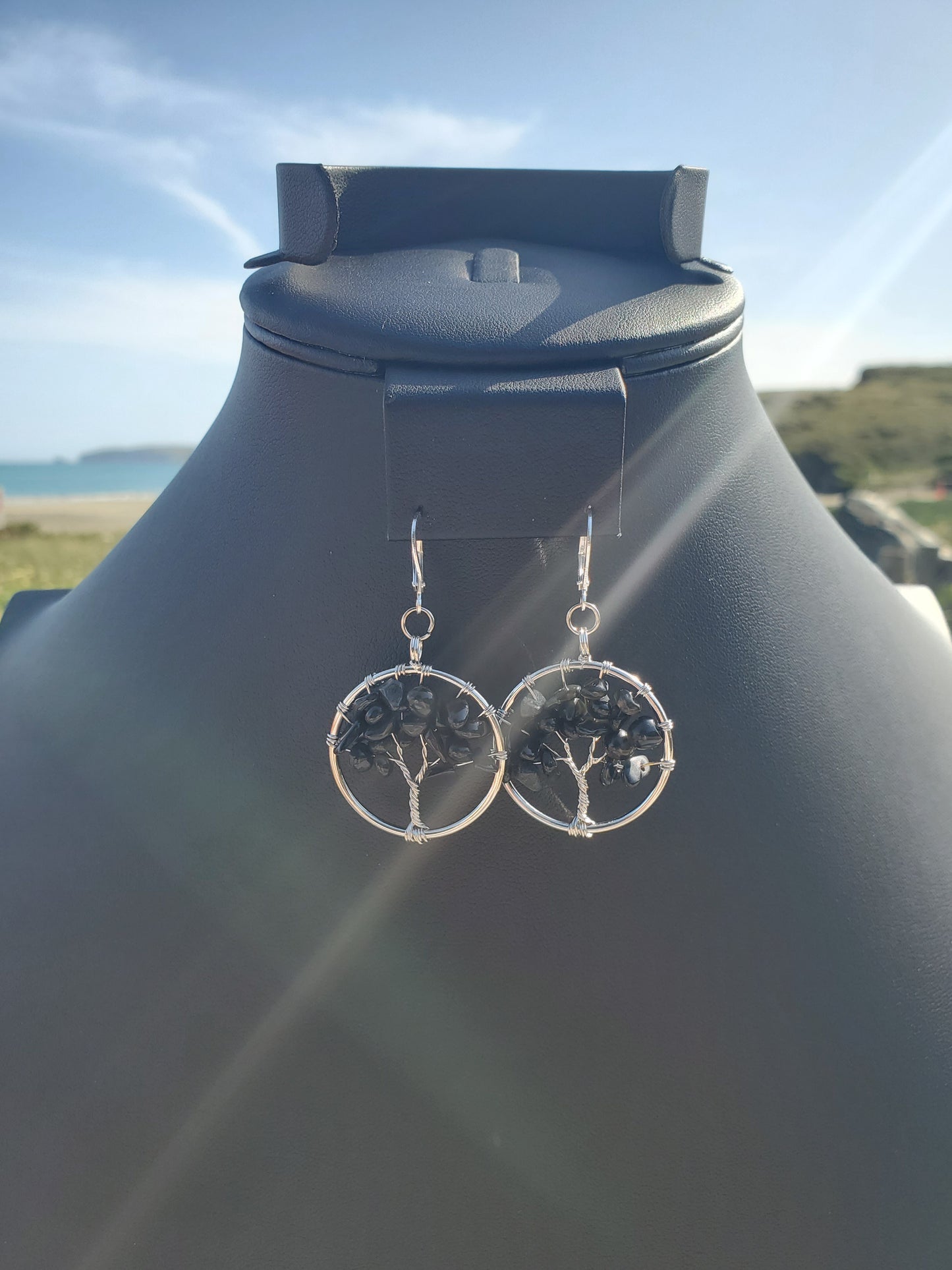 Silver Rainbow Obsidian Tree Earrings