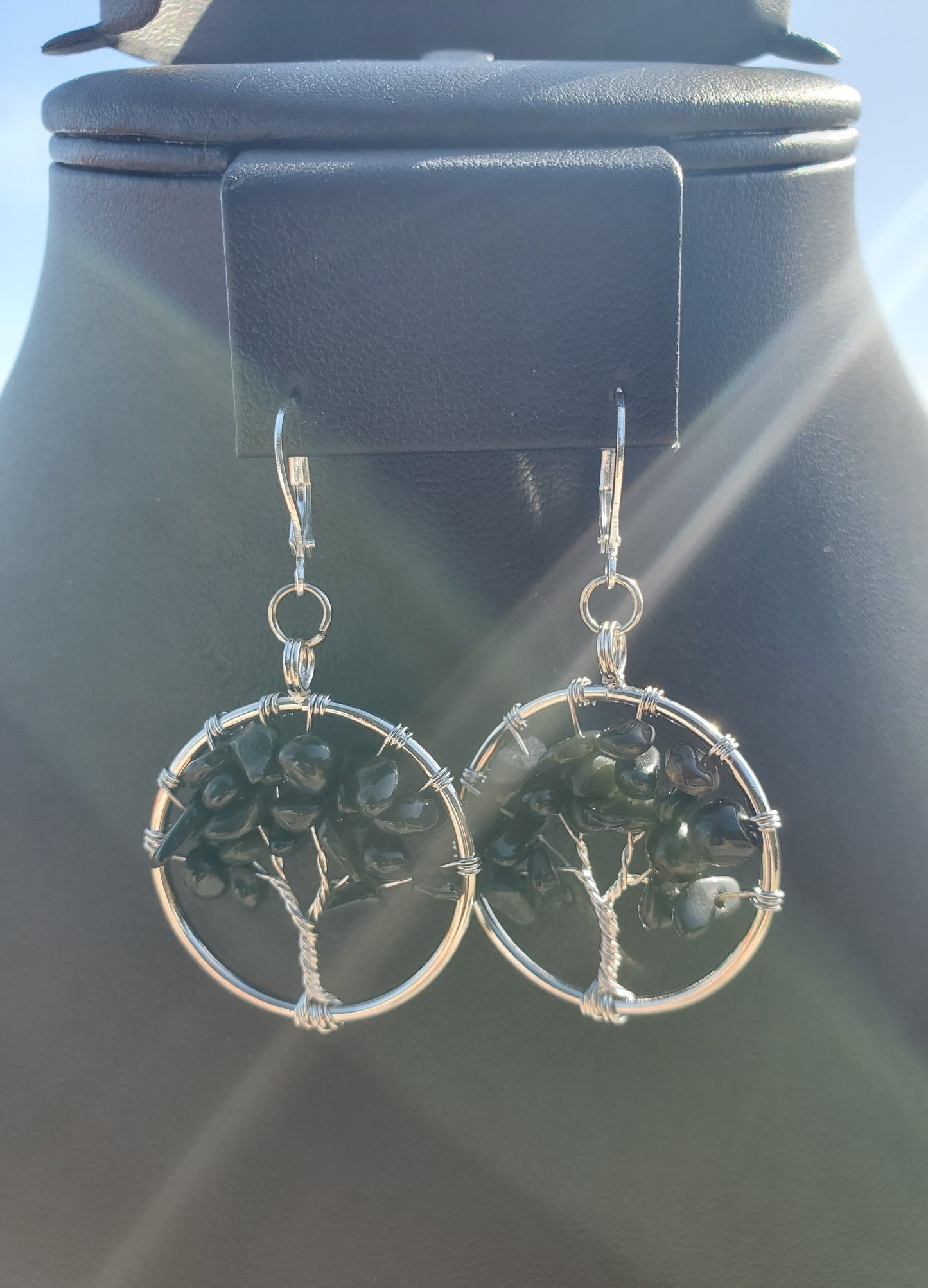 Silver Rainbow Obsidian Tree Earrings