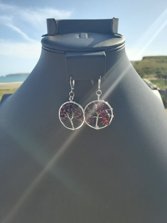 Silver Garnet Tree Earrings